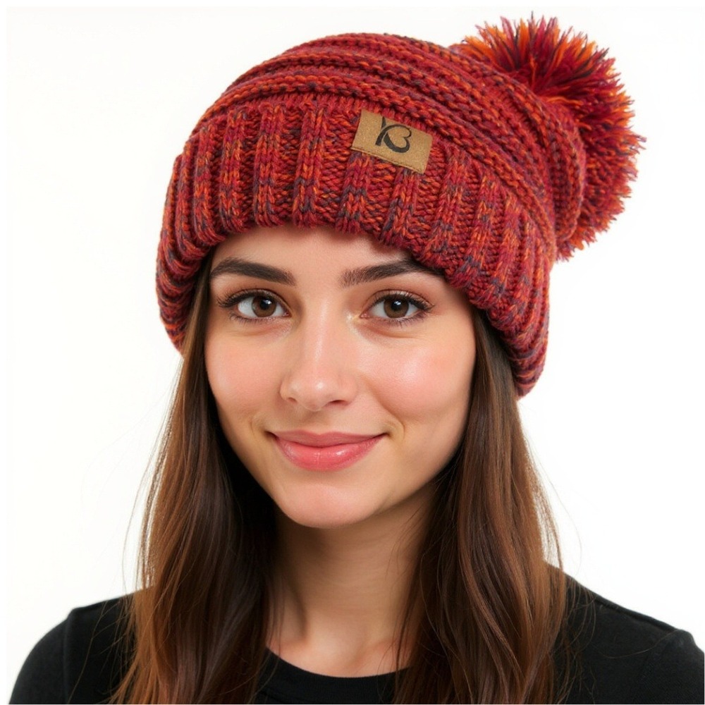 KBETHOS Heather Orange Chunky Pom-Pom Cable Knit Ribbed Beanie NWT